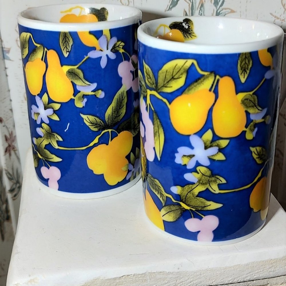 Set of Four Blue and Yellow Floral mugs